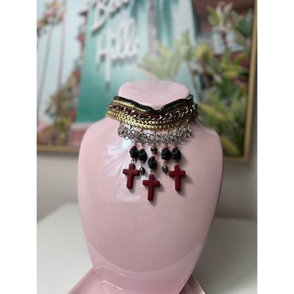 Topshop Silver Gold Black Skulls Cross Stacked Chain Choker Statement Necklace - Picture 6 of 6